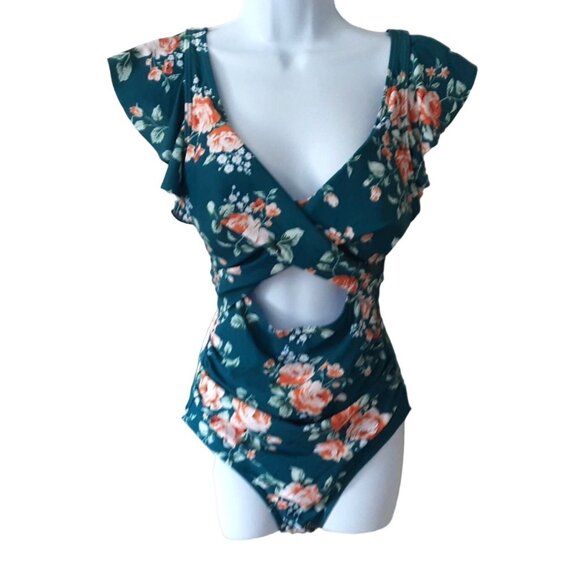 Floral One-Piece Swimsuit Ruffle Sleeves & Cutout Design Size M Green & Orange - Picture 1 of 8